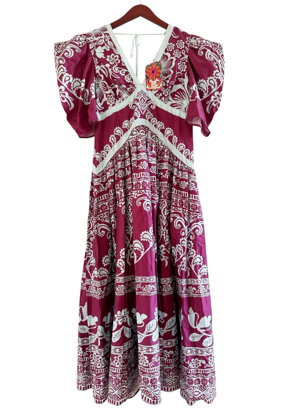 FARM RIO NWT Printed V Neck Puff Sleeve Maxi Dress Size Small in Purple Plum - Picture 2 of 14